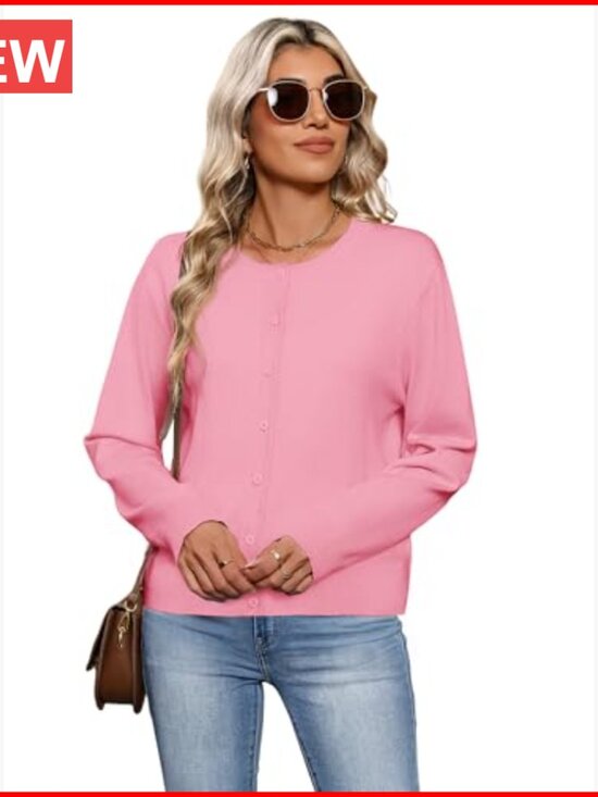 Lightweight Cardigan Sweater with Button Down Closure, Crew Neck - Picture 6 of 7